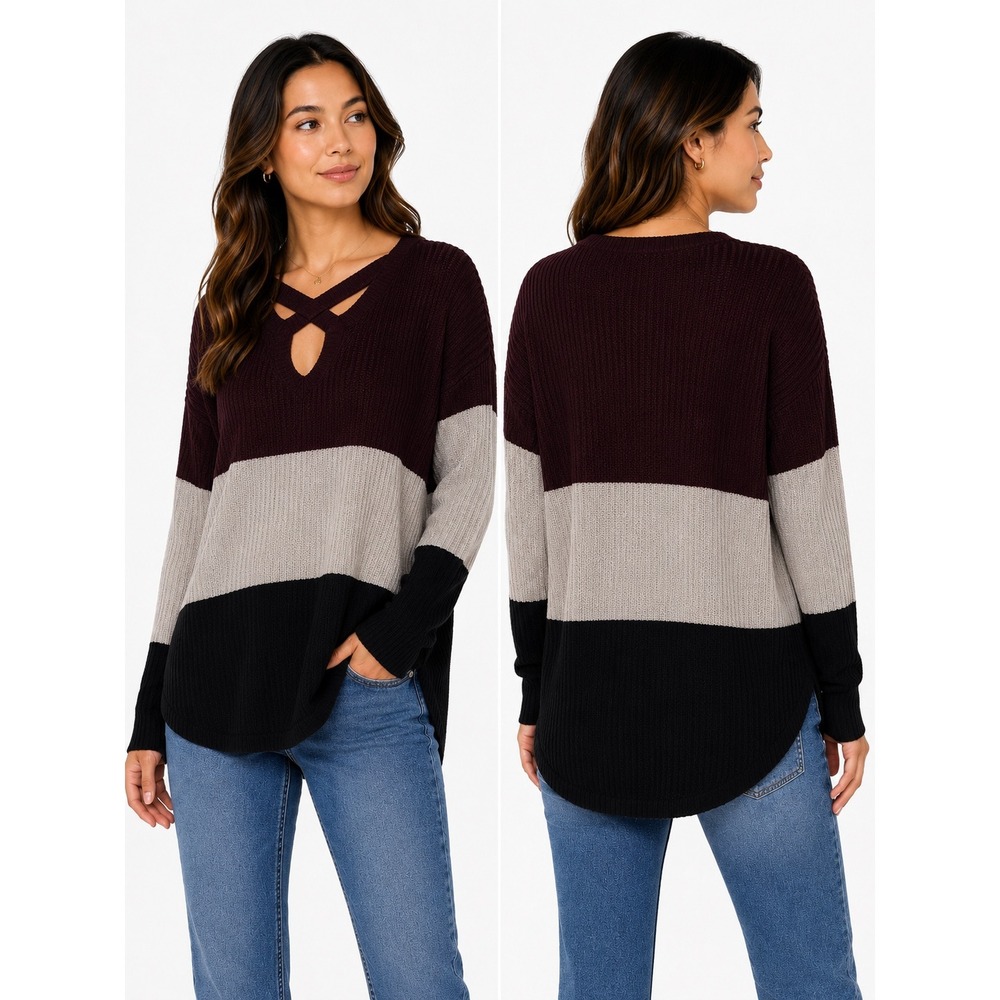 Maurices‎ Waffle Knit Top Womens Large Burgundy Colorblock Lattice Neck Sweater
